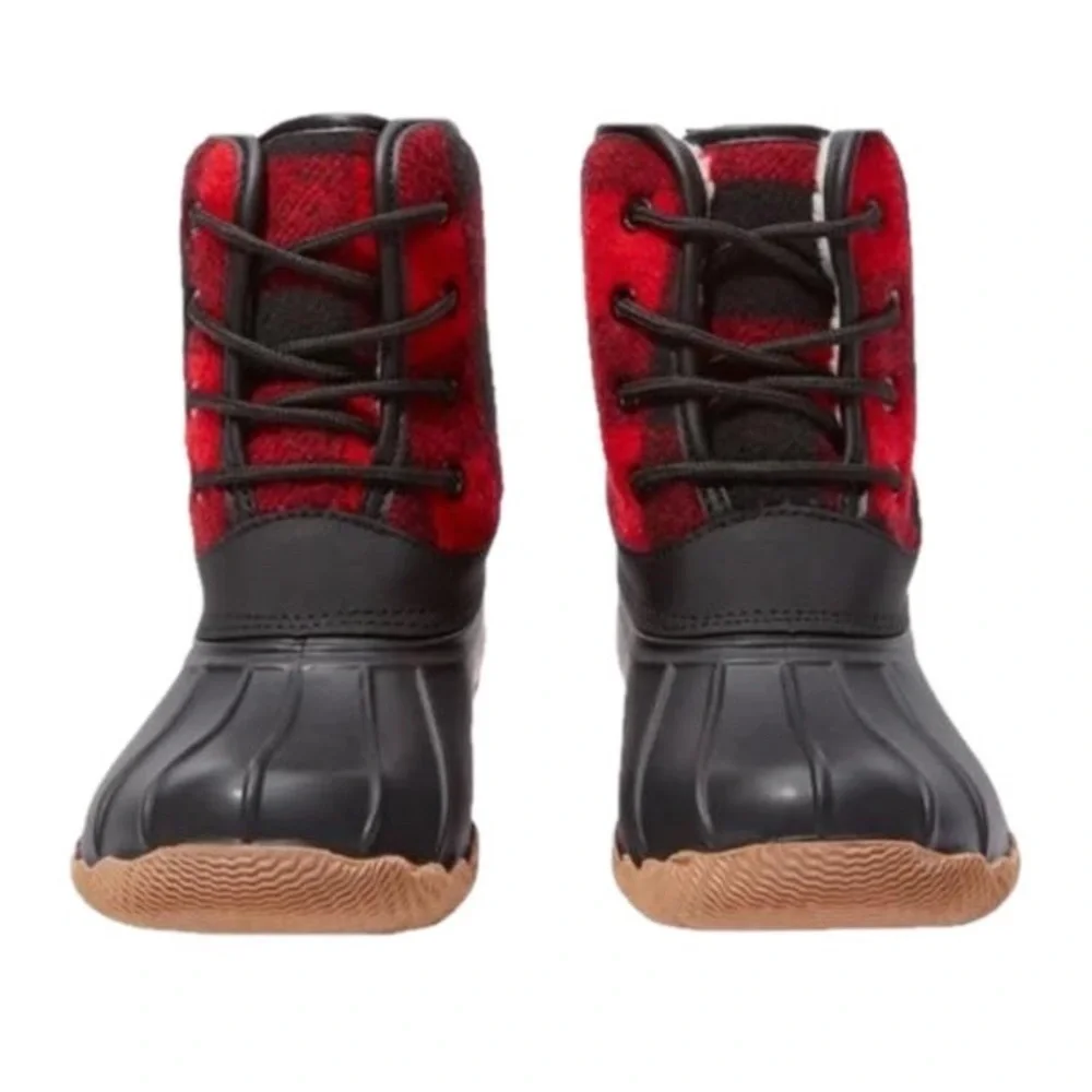 FABKIDS Duck Boots Lace Up Buffalo Plaid Black Red Big Girls 6